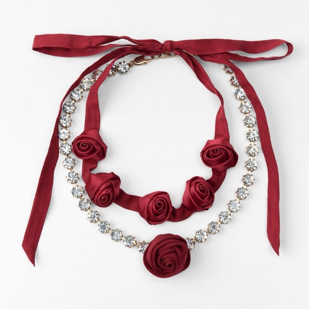 Zara Red Satin Rose & Crystal Ribbon Necklace